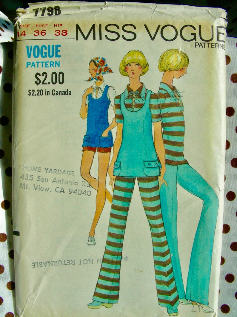 UNCUT Vintage 1970's MISS VOGUE Pattern 7798 / Misses' Retro Tunic, Blouse and Pants or Shorts / Size 14 / Bust 36 image 2