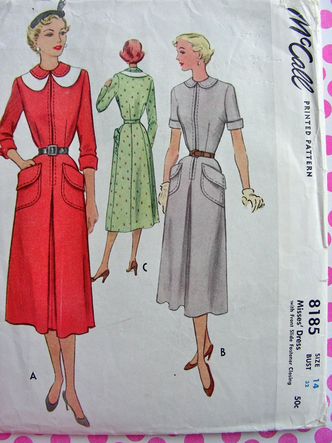 1950's McCall's Fit and Flare Dress Pattern with Tie Collar - Bust 35