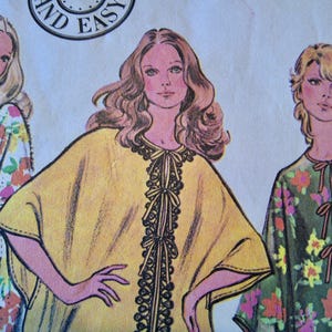 May include: A vintage sewing pattern showing illustrations of three women wearing caftans. The caftans are in floral and solid colours, with decorative necklines and sleeves. The image has a retro style, with the words "AND EASY" visible at the top.