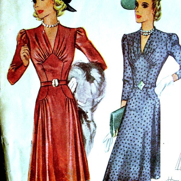 SOLD...................1930's McCall Pattern 3375 //  GLAMOROUS Vintage Dress with Gathered Fitted Bodice   // Size 16 Bust 34