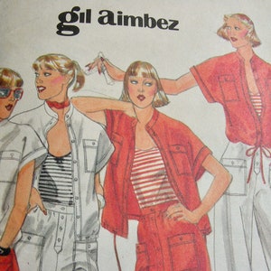 May include: A sewing pattern featuring five women wearing different styles of tops and pants. The pattern is titled "gil aimbez".