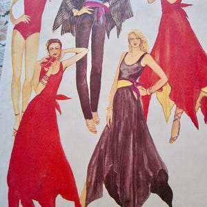 May include: A vintage fashion illustration showcasing various outfits. The designs include a red swimsuit, a black jumpsuit with a fringed shawl, and flowing dresses in red and dark purple. The illustration has a retro aesthetic.