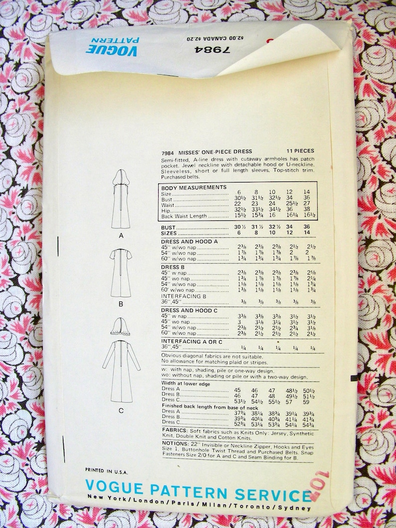 Op de afbeelding: Een vintage naaipatroon voor een eendelige jurk met een afneembare kap. Het patroon is voor maten 6-14 en bevat instructies voor het maken van de jurk met of zonder pool. Het patroon is gedrukt op wit papier met zwarte tekst en illustraties.