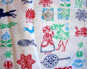 Vintage NOVELTY Feedsack Cotton Quilting Fabric - Historial Couple from 1771 Birds Horses Angels * 35 x 42