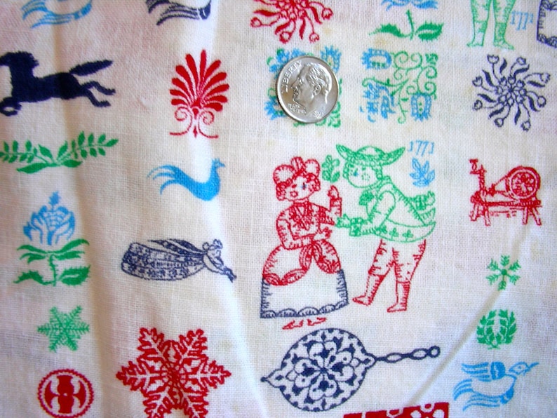35 x 42 Vintage NOVELTY Feedsack Cotton Quilting Fabric Historial Couple from 1771 Birds Horses Angels