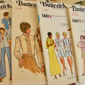 May include: Four vintage sewing pattern envelopes with illustrations of women's clothing. The patterns are for sizes 16 and 38. The envelopes are from Butterick, The Fashion One. The patterns are for easy sewing, with 3 or 6 main pattern pieces.