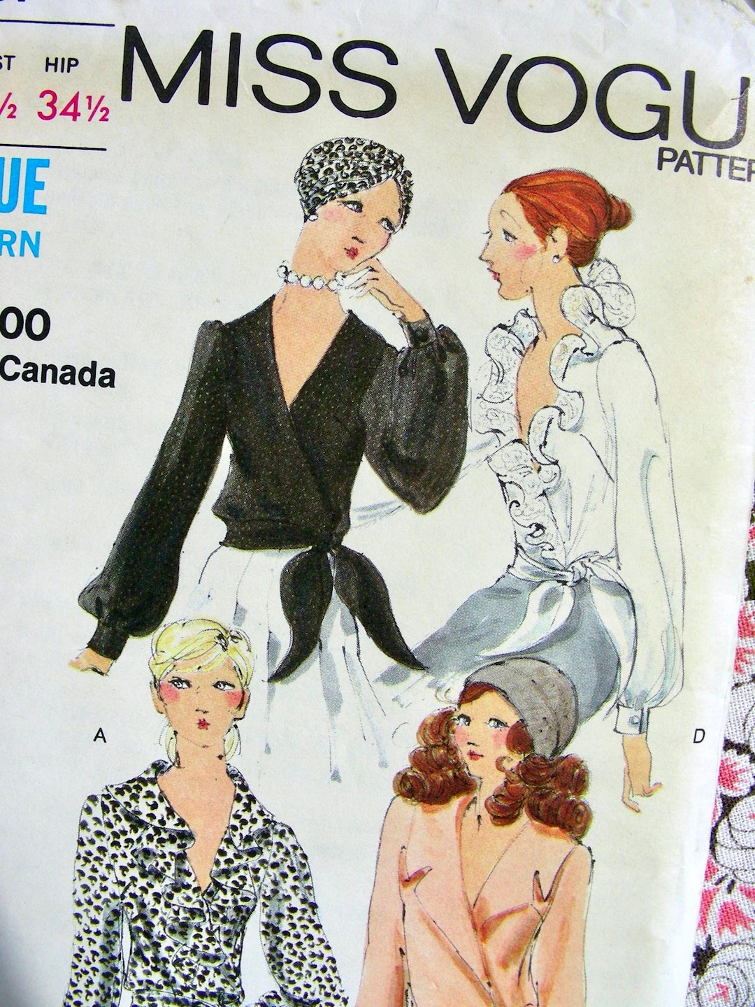 1970's Vogue Button Up Blouse Pattern with Long Sleeves and Tie - Bust 34