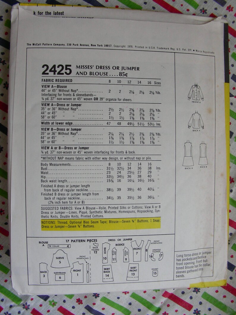 UNCUT Vintage 1970 McCall's Pattern 2425 Lovely MOD Mini Dress Dropped Waist or Jumper & Blouse / Size 10, bust 32.5 image 4