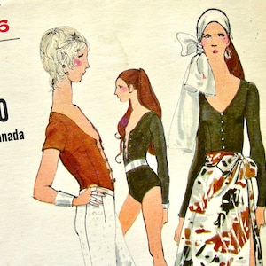 Vintage 1970&#39;s Vogue Pattern 7813  / MISS VOGUE Misses&#39; Bodysuit , Straight-leg Pants, Wrap Skirt and Sash  / Size 10 / Bust 32.5 or Size 12