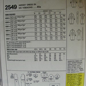 UNCUT Vintage 1970 McCall's Pattern 2549 Misses' Retro Dresses in Six Versions and Scarf / Size 16, bust 38 image 3