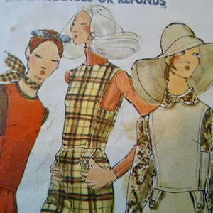 May include: Illustration of three figures in vintage fashion. The first figure wears an orange dress with a plaid scarf. The second figure is in a plaid jumpsuit. The third figure wears a dress with a large brimmed hat.