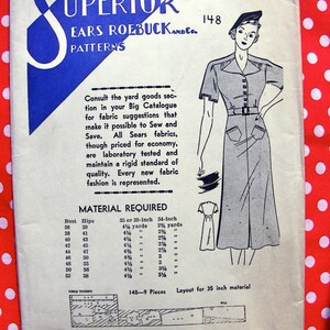 May include: A vintage sewing pattern for a dress, labeled "Superior Sears Roebuck and Co. Patterns" with the pattern number 148. The pattern is for a bust size of 36 and includes instructions for cutting and sewing the dress. The pattern is printed on white paper with blue and black ink.