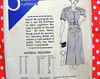 Vintage 1930's  Superior  Pattern 148  -   Misses' One Piece Dress with Epaulet Sleeves  * Bust 36 * FACTORY FOLDED