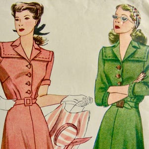 May include: Two vintage illustrations of women wearing dresses. The woman on the left is wearing a pink dress with a white collar and a belt. The woman on the right is wearing a green dress with a white collar and a belt. Both women have short, dark hair.