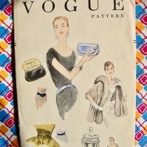 Vogue 8518 UNCUT 1950s Accessories Pattern: Clutch bag, Cummerbund, Contour Belt, Straight Stole / Waist 24", hip 33 / Sewing Pattern