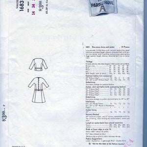 May include: A vintage Vogue sewing pattern envelope for a one-piece dress and jacket. The pattern number is 1683 and the size is 14, 34, 36. The envelope is white with black text and a black and white illustration of the dress and jacket.
