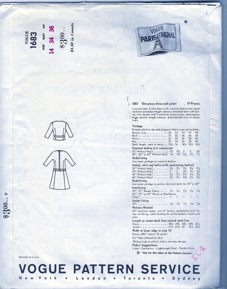 UNCUT GRES Designer Vogue Paris Original Pattern 1683 Misses' Beautiful Low Waisted One Piece Dress and Jacket Size 14 / Bust 34 image 2