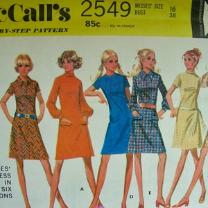 UNCUT Vintage 1970 McCall's Pattern 2549 Misses' Retro Dresses in Six Versions and Scarf / Size 16, bust 38 image 2