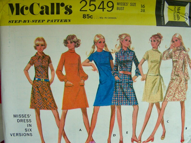 UNCUT Vintage 1970 McCall's Pattern 2549 Misses' Retro Dresses in Six Versions and Scarf / Size 16, bust 38 image 2