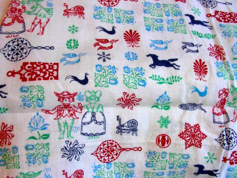 35 x 42 Vintage NOVELTY Feedsack Cotton Quilting Fabric Historial Couple from 1771 Birds Horses Angels