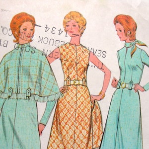 Könnte beinhalten: Ein Vintage-Schnittmuster mit drei verschiedenen Kleiderdesigns. Die Kleider sind alle in Blautönen und Grün mit geometrischen Mustern. Das Schnittmuster ist mit "SEAM-TRIM" und "1434" sowie dem Text "SOLD BY" und "BUCK CO." beschriftet.