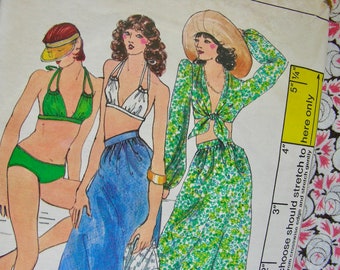 UNCUT Vintage 1970's Vogue Pattern 8915 / RARE Misses' Bikini Swimsuit, Midriff Halter Top and Evening Length Skirt  // Size 8 or Size 10