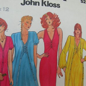 May include: A sewing pattern featuring four different dress designs. The dresses are in pink, blue, yellow, and red. The pattern is labelled "John Kloss" and the price is £2.50. The size is 12.