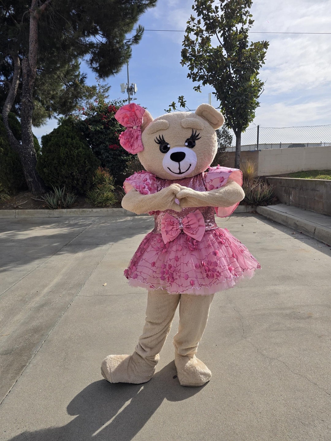 Bear Mascot Costume Girl In Teddy Bear Suit Christmas Red Dress