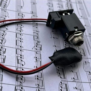 May include: A black audio jack with a silver threaded end, connected to red and black wires. A black, leaf-shaped component is attached to the wires. The components are set against a backdrop of musical notation.