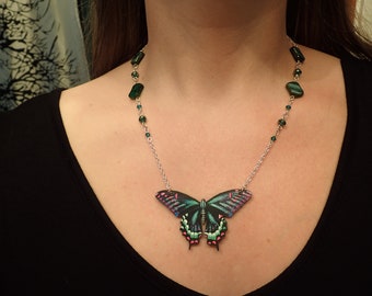 Green/ light green/ pink rainbow butterfly necklace