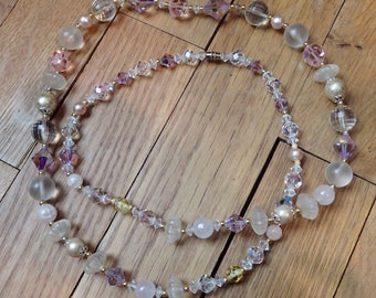 Vintage AB pink, crystal, and gold glass bead necklace