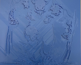 May include: A blue 3D printed model of a superhero character with claws and a mask. The model is standing on a textured surface.