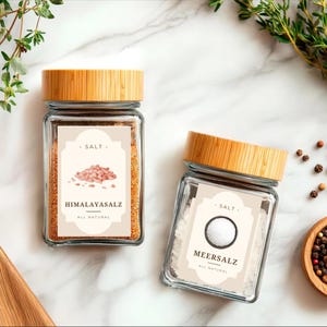 Premium hoogglans kruidenetiketten – Stickerset in het Duits, Engels, Turks en Frans – Keukenglasstickerdecoratie met afbeelding Elegant