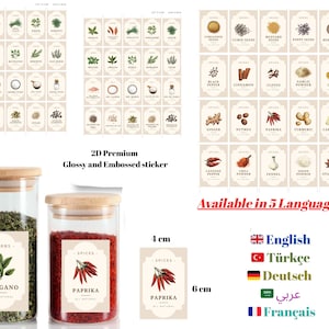 Premium Hochglanz Gewürzetiketten – Sticker Set auf Deutsch, Englisch, Türkisch & Französisch – Küche Glas Aufkleber Deko