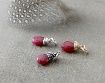 Genuine Ruby Charm, July Birthstone Charm, Wire Wrapped Pendant, Real Ruby Pendant Add A Dangle Charm Only, Petite Pendant, Gemstone Charm,