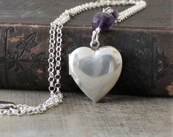 Silver Heart Locket Necklace, February Birthstone Locket, Sterling Silver Locket Pendant, Amethyst Locket, Push Present Locket Modern Locket