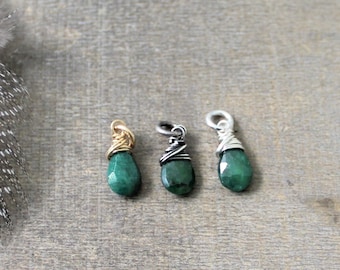 Genuine Emerald Charm, May Birthstone Charm, Wire Wrapped Pendant, Emerald Pendant Add A Dangle Charm Only, Petite Pendant, Gemstone Charm,