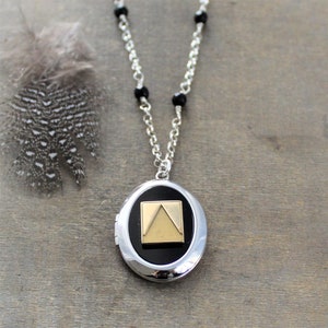 Sterling Silver Locket Necklace, Large Silver Locket, Modern Locket, Black Pendant, Silver Picture Locket, Push Present for Mom, Oval Locket