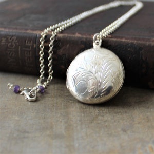 Amethyst Locket, Round Locket Necklace, February Birthstone Locket, Sterling Silver Locket Pendant, Push Present, Engraved Locket Pendant