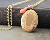 Gold Enamel Locket Pendant Gold Oval Locket, Gold Photo Locket Necklace, Push Present, Coral Jewelry, Push Gift for Her, Floral Locket