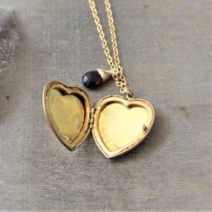 January Birthstone Locket Necklace, Gold Heart Locket Pendant, Gold Locket, Gold Photo Locket, Vintage Jewelry, Garnet Locket, Push Present image 4