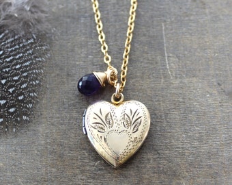 Vintage Gold Heart Locket Necklace, Gold Photo Locket, Amethyst Locket February Birthstone Locket, Picture Locket Keepsake Push Present