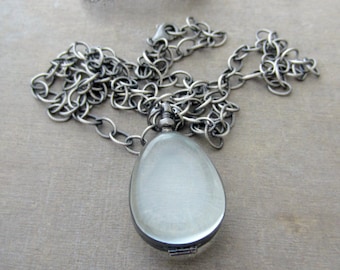 Silver Glass Locket Necklace, Glass Photo Locket, Long Locket Jewelry, Oxidize Silver Chain, Push Present, Sterling Silver Long Chain Locket