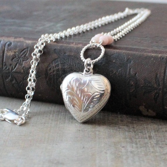 October Birthstone Locket, Pink Opal Locket, Photo Locket Necklace, Sterling Silver Locket, Silver Heart Locket, Picture Locket Pendant