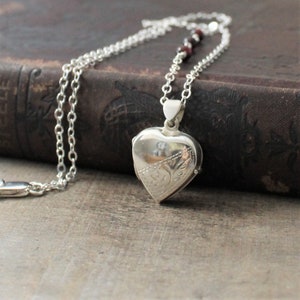 Silver Heart Locket Necklace, Sterling Silver Locket, Picture Locket, Small Silver Heart Locket, January Birthstone Locket Garnet Necklace image 3