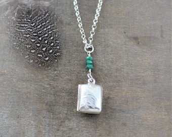 Silver Locket Necklace, Picture Locket, Rectangle Locket, Silver Book Locket Push Gift, May Birthstone Locket, Photo Locket Emerald Pendant