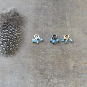 May include: Three small charms with blue gemstone accents. The charms are silver, black, and gold.