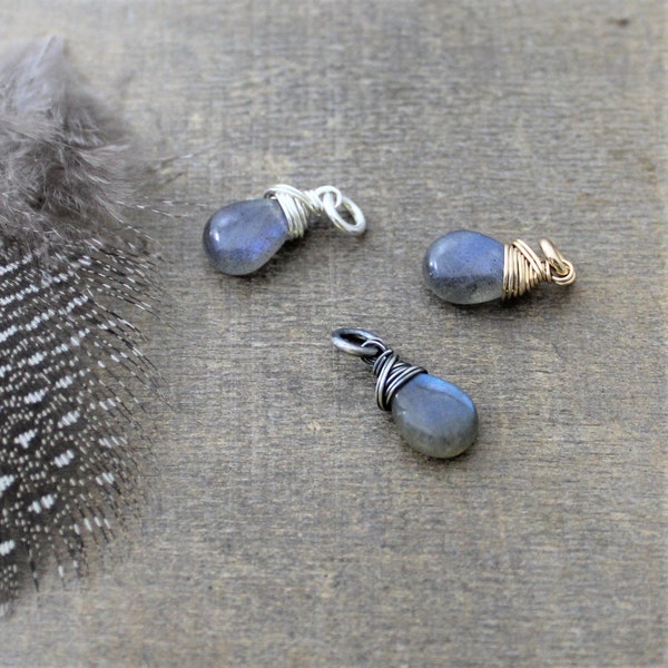 Labradorite Charm, Gray Gemstone Charm, Small Labradorite Pendant, Wire Wrapped Charm, Add A Dangle, Dainty Charm Only, Petite Pendant