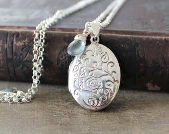 Large Silver Locket Pendant, March Birthstone Locket Necklace, Bridal Jewelry, Oval Locket, Photo Locket, Push Gift, Floral Engraved Locket