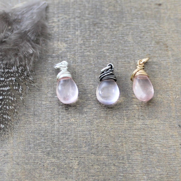 Rose Quartz Charm, Pink Gemstone Pendant, Wire Wrapped Charm, Add A Dangle, Smooth Pear Gemstone, Yoga Jewelry, Healing Stone, Teardrop Gem